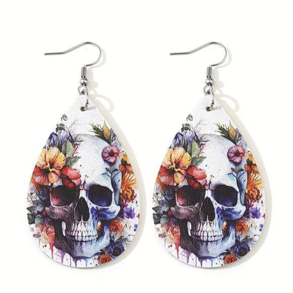Halloween Flower Skull Pattern PU Leather Reversible Drop Earrings, New! - Picture 2 of 4